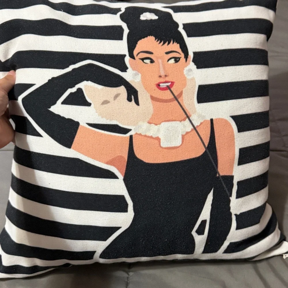 Audrey Hepburn Holly Golightly Breakfast at Tiffany’s Throw Pillow Striped